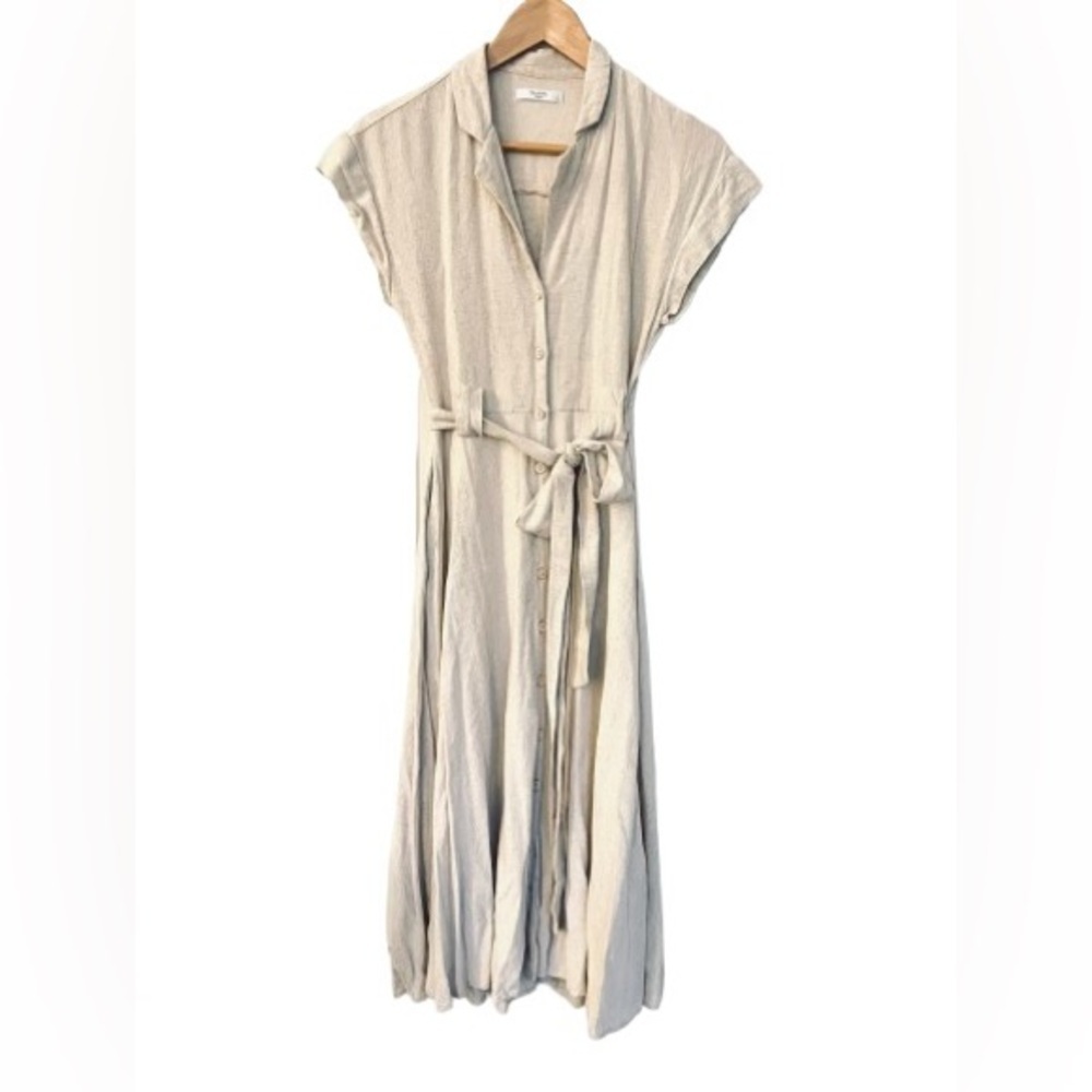 Jessie and Sky Linen Midi Shirt Dress in Beige Button Front Cap Sleeve Size XS